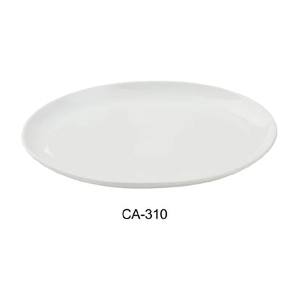 This Cambria Serving Platter leverages commercial porcelain construction reinforced with aluminum, offering exceptional durability in busy foodservice settings. Its dishwasher and microwave-safe design facilitate fast cleaning and versatile reheating. The coupe rim supports stacking for space efficiency, while the lightweight construction allows ease of handling during service. Ideal for daily use in restaurants, catering, or institutional kitchens.