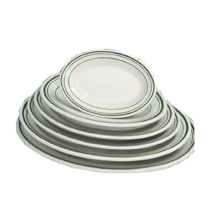 This platter is characterized by its tasteful green striped rim, providing a touch of color and sophistication to your food presentations. Its compact rectangular size makes it perfectly suited for serving individual appetizers, side dishes, or desserts. Crafted from high-quality porcelain, this platter is both durable and versatile, making it an excellent addition to any dining restaurants or catering setting. High quality affordable restaurant dinnerware.