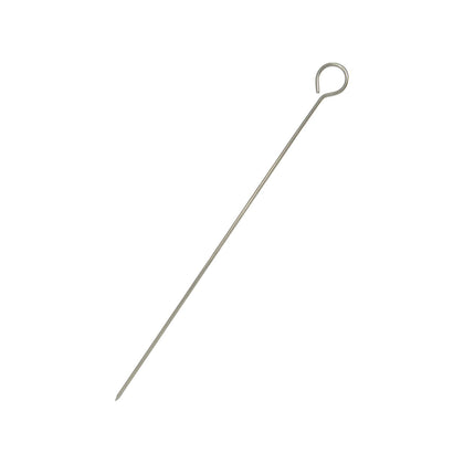 12-inch stainless steel round skewer with looped handle for secure grip and large capacity. Ideal for grilling meats and vegetables in commercial kitchens. Packed 60 dozen per case.