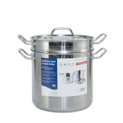 16-quart stainless steel double boiler with durable build, ergonomic handles, and even heat distribution. Ideal for delicate cooking in commercial kitchens. Packed 4 sets per case.