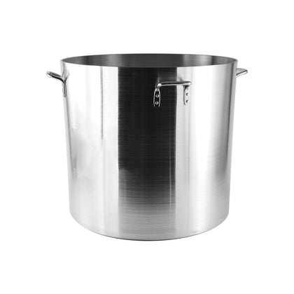 160QT heavy-duty aluminum stock pot with 6mm thick base and 4 riveted handles for even heating and secure handling—perfect for commercial kitchens and large-batch cooking.