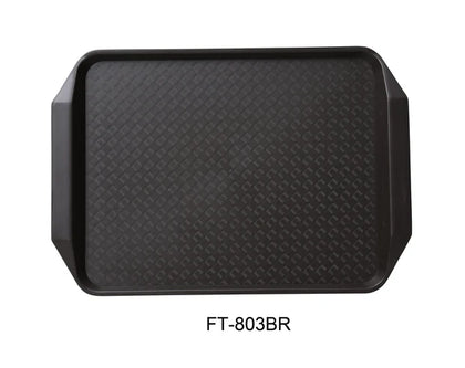 This melamine tray features integrated handles for easy transport and handling. Built for durability and daily use, it is dishwasher safe and resistant to common wear, making it suitable for busy restaurants, cafeterias, and catering environments requiring reliable service ware that maintains presentation quality over time. High quality affordable restaurant dinnerware.