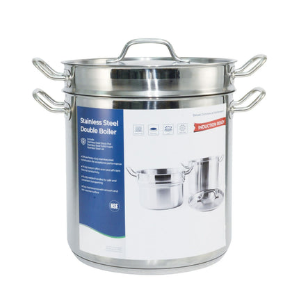 20-quart stainless steel double boiler with durable build, even heat distribution, and sturdy handles. Ideal for gentle cooking and melting in commercial kitchens. Packed 4 sets per case.