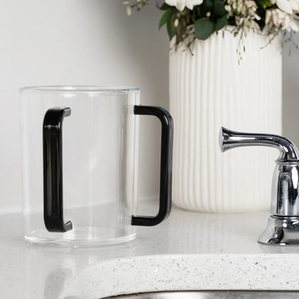clear wash cup with black handles, clear ritual wash cup with white handles, clear Netilat Yadayim cup with black and gold handles, clear handwashing cup with white and gold handles, acrylic-handled clear Netilat Yadayim cup