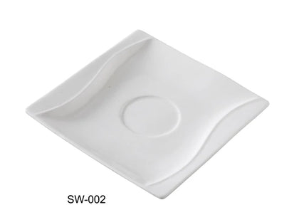 This saucer features an elegant square shape with a
