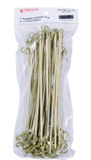 Pack of 50, 7-inch bamboo cocktail picks, perfect for garnishes, appetizers, and drinks.