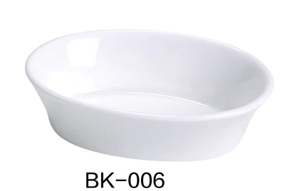 This versatile Oval Baker is offering a unique and affordable design. Crafted from sturdy, high-quality porcelain in a clean white color, this dish is built to last for many years while maintaining its original appearance. Ideal for restaurant, cafes, and home dining. This dinnerware has 10 Oz capacity, making it perfect for baking and serving individual portions of casseroles, gratins, or other savory and sweet baked goods.