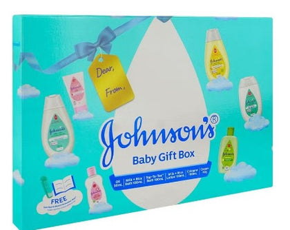 Johnson’s Baby 6-Piece Gift Box with baby care essentials including lotion, shampoo, and bath items, perfect for newborns and baby showers.