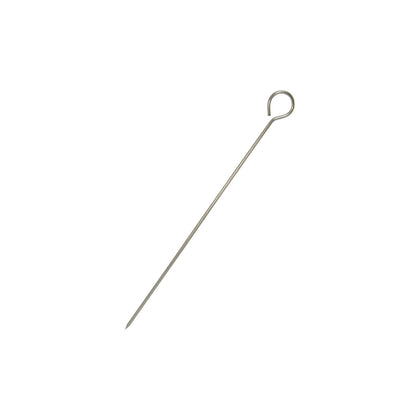 8-inch round stainless steel skewer with looped handle for secure grip and safe turning. Ideal for appetizers and small servings in restaurants and catering. Packed 100 dozen per case.