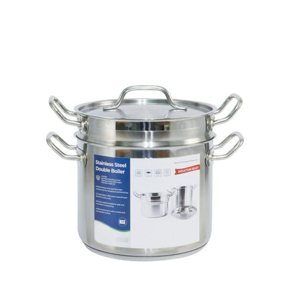 8-quart stainless steel double boiler with durable construction and even heat distribution. Ideal for gentle cooking and melting in commercial kitchens. Packed 6 sets per case.