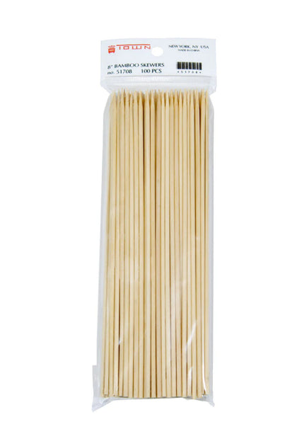 Pack of 100, 8-inch bamboo skewers, ideal for grilling, appetizers, and crafts.