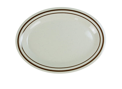 This Oval Platter is performed in stylish tan color, it can be used for serving vegetables, cold cuts or Asian appetizers. Made from durable and reliable melamine. The Sesame collection features brown banded rim designs, making this a versatile melamine option for restaurants allowing you to elevate your dining experience with these high quality affordable restaurant dinnerware.