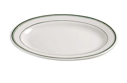 This platter is characterized by its tasteful green striped rim, providing a touch of color and sophistication to your food presentations. Its compact rectangular size makes it perfectly suited for serving individual appetizers, side dishes, or desserts. Crafted from high-quality porcelain, this platter is both durable and versatile, making it an excellent addition to any dining restaurants or catering setting. High quality affordable restaurant dinnerware.