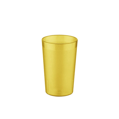Amber 10oz poly tumbler with pebbled texture for added grip. Durable, break-resistant, and dishwasher-safe. Stackable design. Ideal for restaurants, cafes, and events. Sold in a 12-pack for bulk purchasing.
