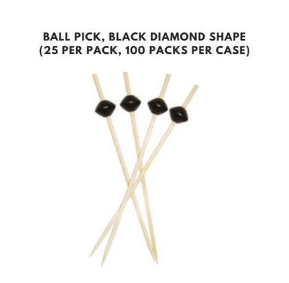 Set of 12 black diamond-shaped ball picks, stylish and functional cocktail picks perfect for serving appetizers or garnishing drinks.