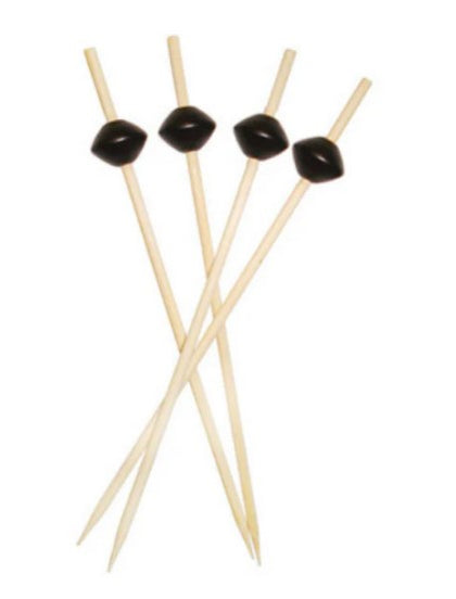 A bamboo pick featuring a black diamond ball at the top, offering an elegant and stylish touch for appetizers or cocktails.
