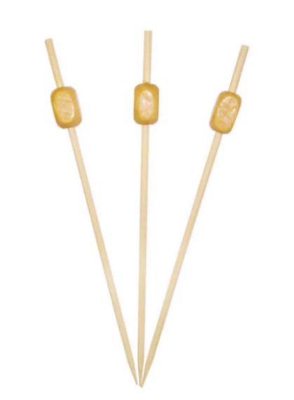 A bamboo pick with a rectangular ball at the top, offering a modern and stylish touch for appetizers or cocktails.