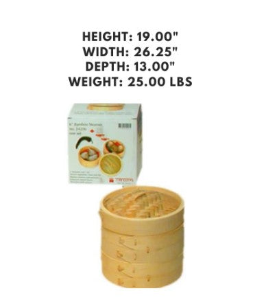 A 3-piece bamboo steamer set, 6 inches in diameter, perfect for steaming dim sum, vegetables, and other delicacies.
