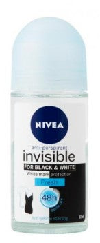 Nivea Roll-On Men Invisible Black & White Fresh 50ml deodorant with long-lasting sweat protection, fresh scent, and prevents white and yellow marks.