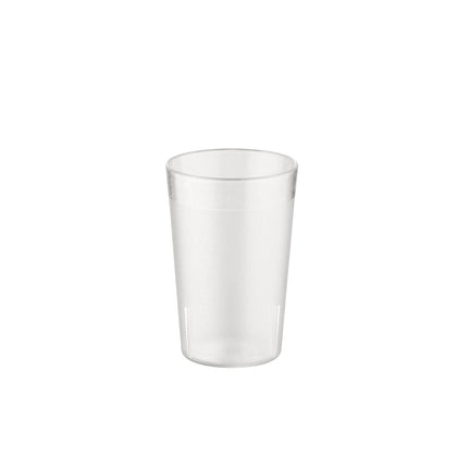 Clear 5oz poly tumbler with pebbled texture for grip and scratch resistance. Durable and dishwasher-safe. Stackable design in a 12-pack set for restaurant and cafeteria drink service.