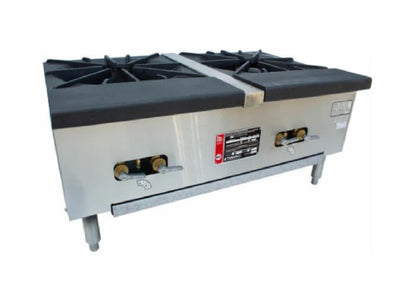 Double stock pot stove with stand, natural gas-powered, designed for commercial kitchens and high-volume cooking.