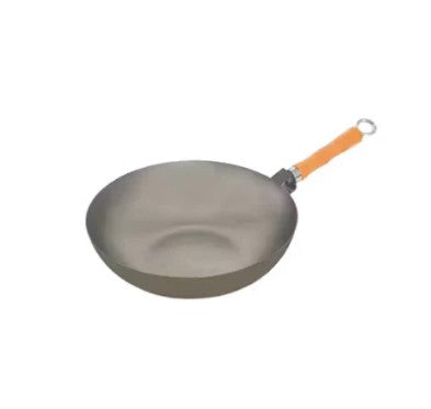 A set of twelve 11-1/2-inch flat-bottom Mandarin woks with bamboo handles, perfect for stir-frying and cooking Asian dishes with ease.