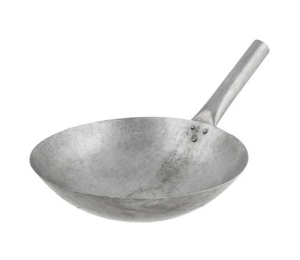 A set of twelve 12-inch Mandarin woks with stainless steel handles, perfect for stir-frying and cooking Asian dishes with precision.