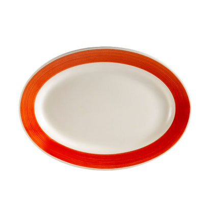 Red oval platter rolled edge 11 1/2 inch, durable serving platter for appetizers, main courses, and desserts, stylish tableware for home, restaurant, or catering.