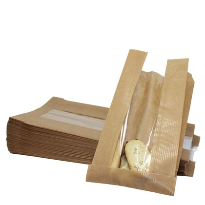 Brown Kraft Bakery Bag with Clear Window for Cookies, Pastries, Sandwich, Nuts - Grease Resistant (11X7.1, 8.7X4.7)