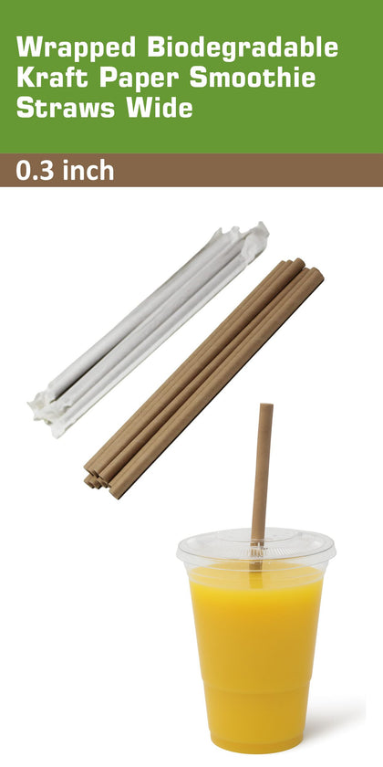 Wrapped Kraft Paper Smoothie Straws 0.3 Inch Wide, Biodegradable Brown Jumbo Durable Drinking Straws, Smoothies, Bubble Tea, Boba, Meal Prep, Shakes