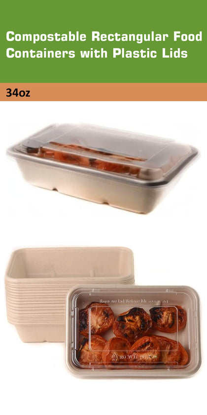 Compostable Rectangular Food Containers with Lids, Ecofriendly Take- Out, Made With Bagasse
