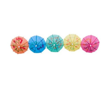 Box of 144 paper parasols, colorful and decorative drink toppers perfect for adding a fun, tropical touch to cocktails and party beverages.