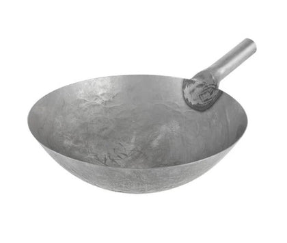 A set of twelve 14-inch Peking woks with steel handles, designed for high heat cooking and stir-frying Asian dishes.