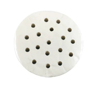 Perforated dim sum paper, 4.5 inches, designed for use with 4.5-inch stainless steel steamers, ensuring even steaming and easy food release.