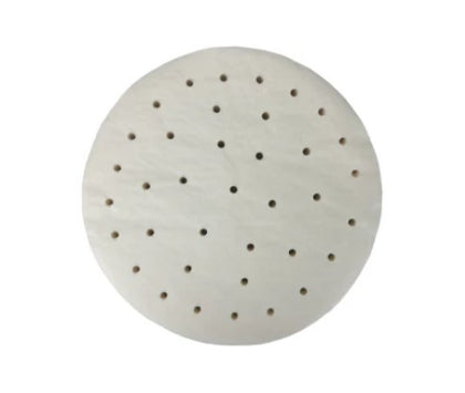 Perforated dim sum paper, 7.5 inches, designed for 8-inch stainless steel steamers, ensuring even steaming and easy food release.