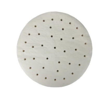 Perforated dim sum paper, 7 inches, designed for 8-inch bamboo steamers, ensuring even steaming and easy food release.