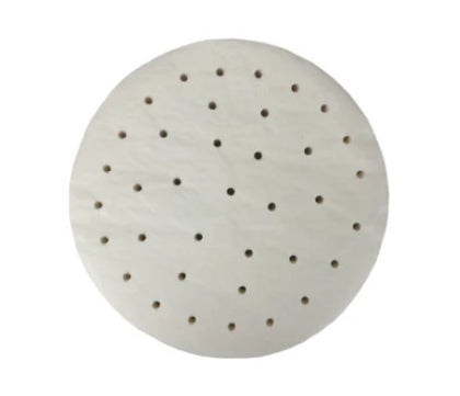 Perforated dim sum paper, 8.5 inches, designed for 10-inch bamboo steamers, ensuring even steaming and easy food release.