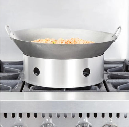 A set of twelve 12-inch stainless steel wok rings, designed to stabilize woks on stovetops for even heat distribution.