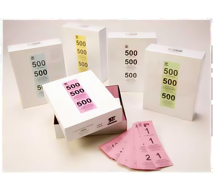 Coat Room Check Tickets, Stanton Trading, cardboard triplicate tickets in assorted colors (beige, blue, green, orange, pink, white, yellow), 50 boxes per case; ideal for organized coat check management in restaurants, banquet halls, and event venues.
