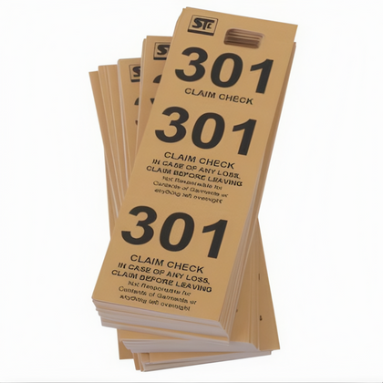 Beige Coat Room Check Tickets, Stanton Trading, cardboard triplicate tickets, durable and easy to write on, 1 box; ideal for efficient and organized coat check operations in restaurants, hotels, and event venues.