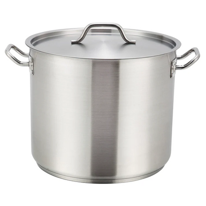 6 Quart, Stock Pot with Handled Cover, Stanton Trading, features an induction-ready 3-ply bottom crafted from 18/8 stainless steel with an aluminum core for even heat distribution, durable construction, and a secure-fitting lid with handle; ideal for boiling, simmering, and preparing soups or stews on all cooktops including induction.