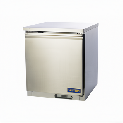 Undercounter Freezer – Stanton Trading. One-section, self-contained, with self-closing reversible door, PVC-coated shelf, digital display, and EZ slide-out condenser. Stainless steel exterior and interior, casters, R290 refrigerant. Ideal for commercial kitchens.