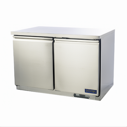 Undercounter Freezer – Stanton Trading. Two-section, 7° to -1°F, self-contained, with self-closing reversible door, PVC-coated shelf, digital display, and EZ slide-out condenser. Stainless steel exterior and interior, casters, R290 refrigerant. Ideal for commercial kitchens.