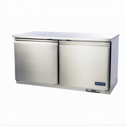 Undercounter Freezer – Stanton Trading. Two-section, self-contained, with self-closing reversible door, PVC-coated shelf, digital display, and EZ slide-out condenser. Stainless steel exterior and interior, casters, R290 refrigerant. Ideal for commercial kitchens.