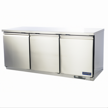 Undercounter Freezer – Stanton Trading. Three-section, self-contained, with self-closing reversible door, PVC-coated shelf, digital display, and EZ slide-out condenser. Stainless steel exterior and interior, casters, R290 refrigerant. Ideal for commercial kitchens.