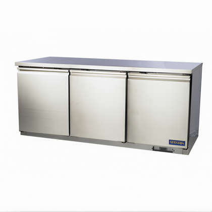 Undercounter Refrigerator – Stanton Trading. Three-section, self-contained unit with self-closing door, digital display, EZ condenser, stainless steel build, PVC shelf, and R290 refrigerant. Ideal for compact commercial kitchen use.