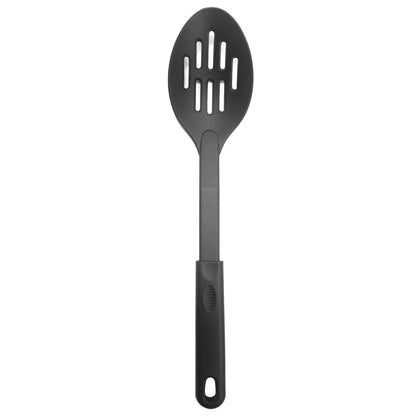 Black nylon slotted spoon with wide draining slots, heat-resistant and safe for nonstick cookware, ergonomic and dishwasher safe; packed 144 each per case for commercial or home kitchen use.