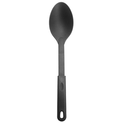 Black nylon solid spoon with heat-resistant solid head, ergonomic handle, nonstick-safe surface, and dishwasher-safe design; ideal for food service; packed 144 each per case for bulk kitchen use.
