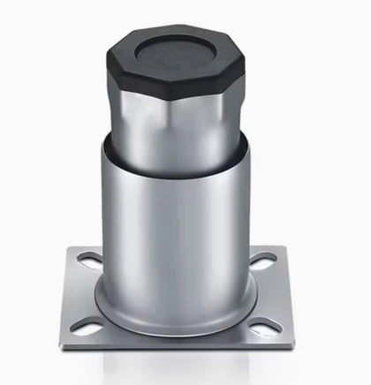 Stainless steel leg bullet feet for adjustable height and stability in commercial kitchen and industrial equipment.