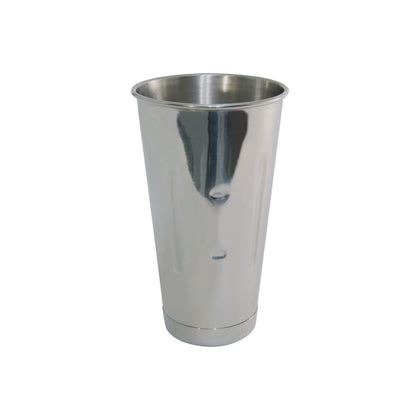 30 oz stainless steel malt cup with tapered shape for standard mixers, reusable, odor-resistant, and polished finish. Case Packed: 72, Quantity Break: 6 each. Ideal for milkshakes and malts.